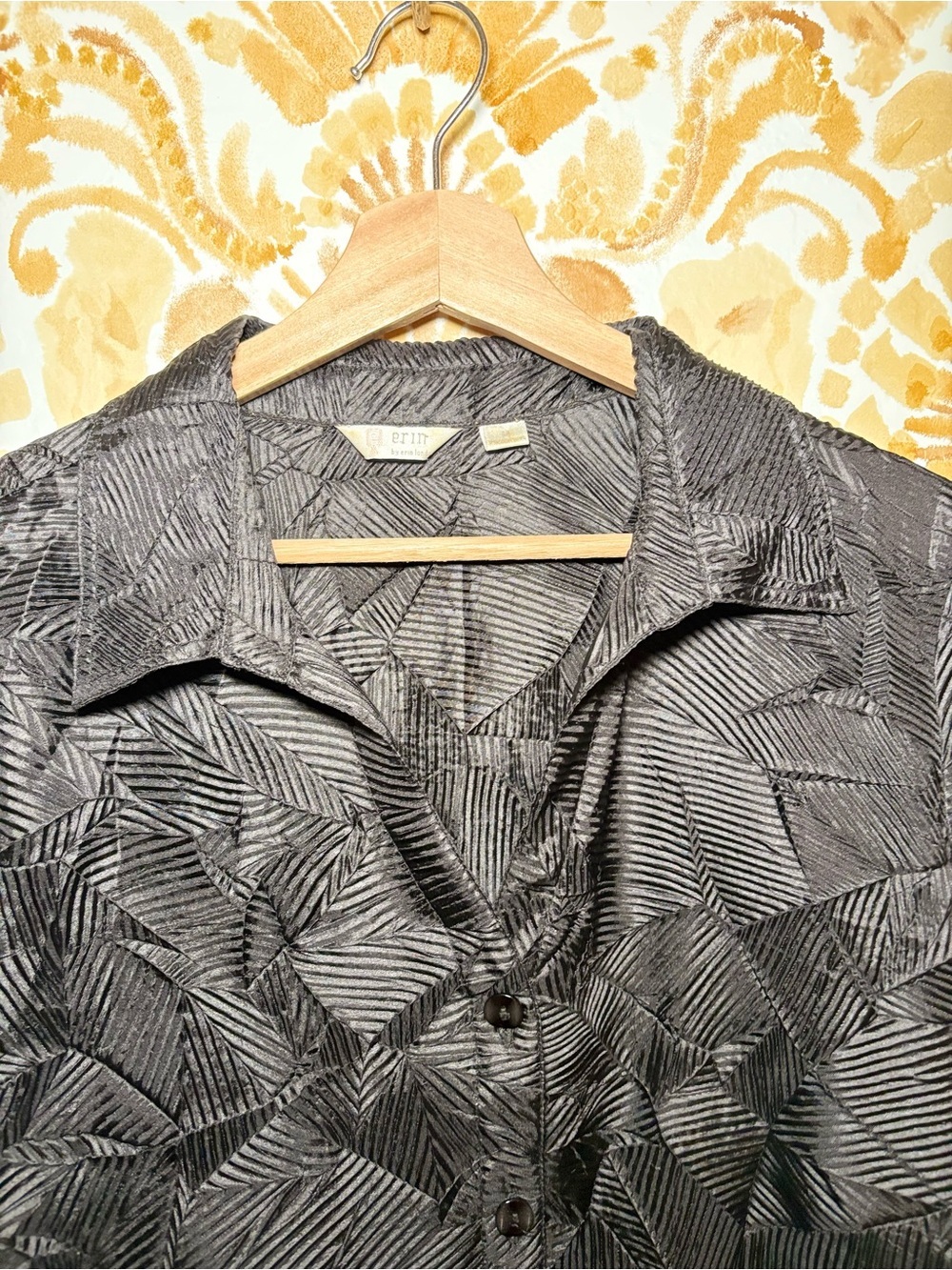 Erin London Black Textured Button Front Blouse | 3/4 Sleeve Career Casual Top - Picture 9 of 13